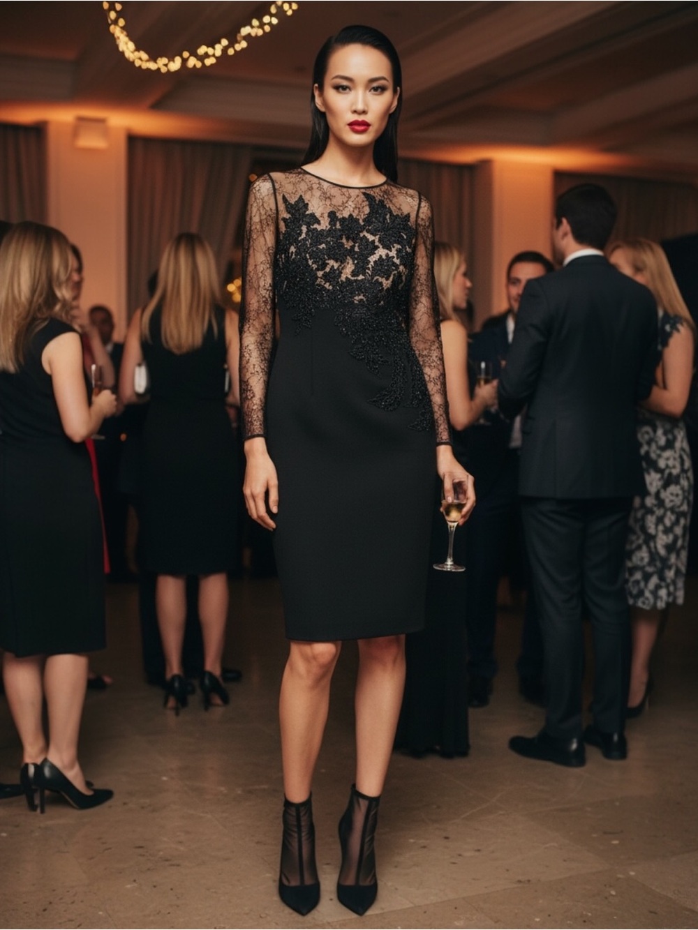 Carmen Marc Valvo Black Lace-Embellished Sheath Dress